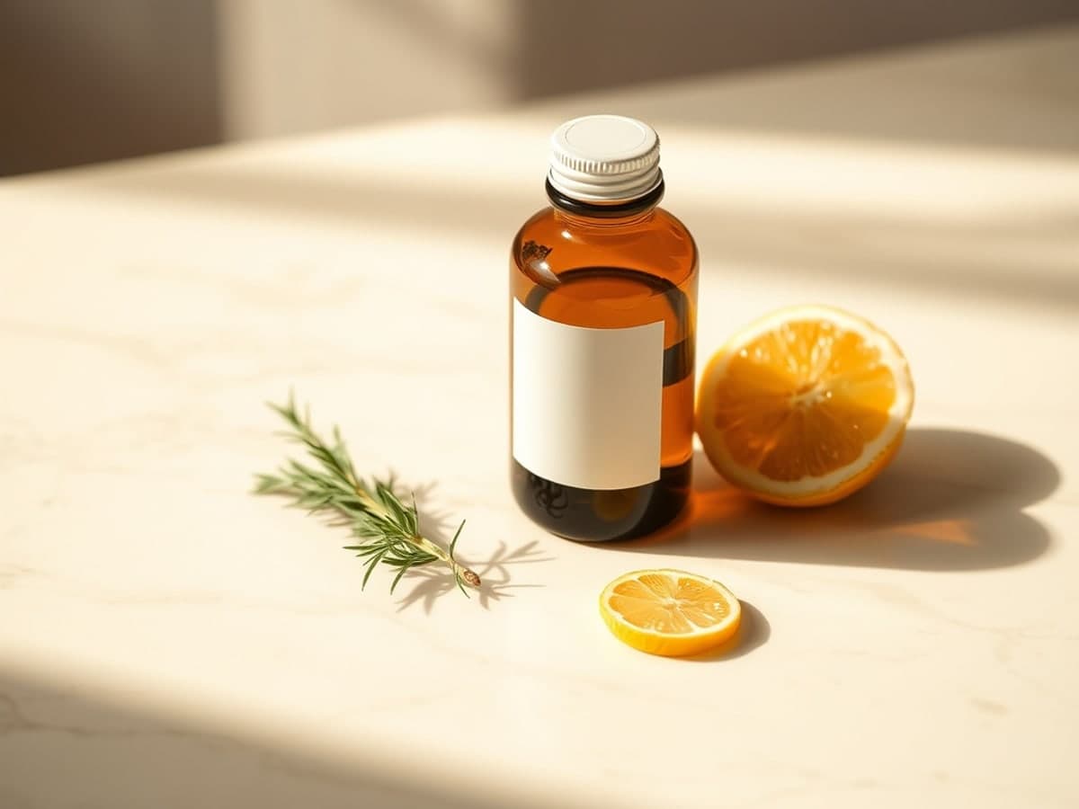 GreenLeaf supplement bottle on a cream marble surface with rosemary and lemon